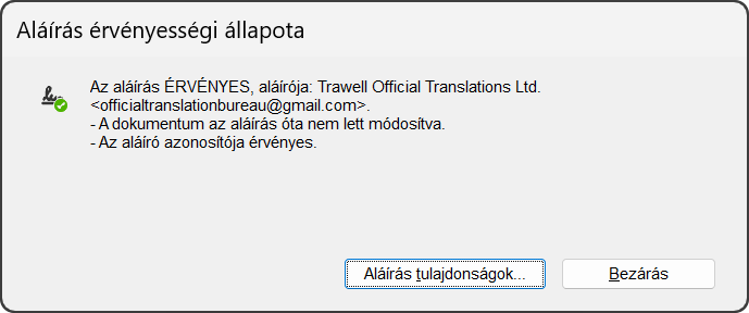 Az Acrobat Reader aláírás-érvényességi ablaka: az aláírás érvényes, a dokumentum az aláírás óta nem lett módosítva.