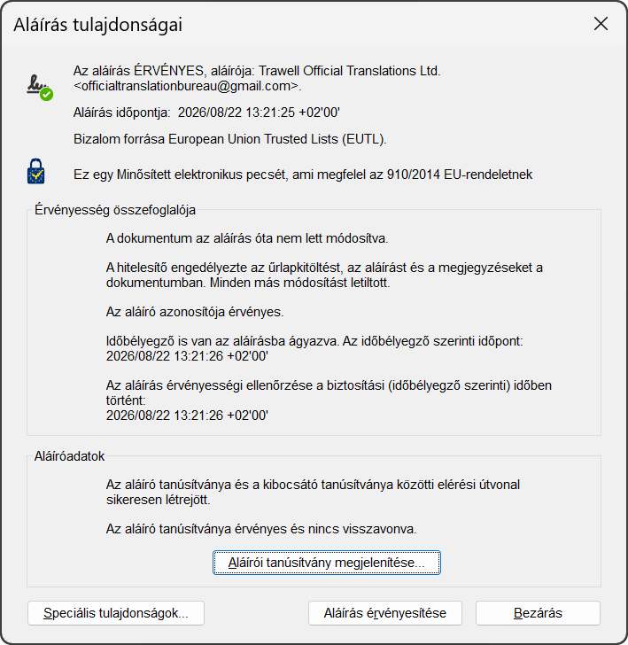 Az Acrobat Reader aláírás-tulajdonságok ablaka: minősített elektronikus pecsét, a bizalom forrása az Európai Unió bizalmi listája, időbélyegzővel.