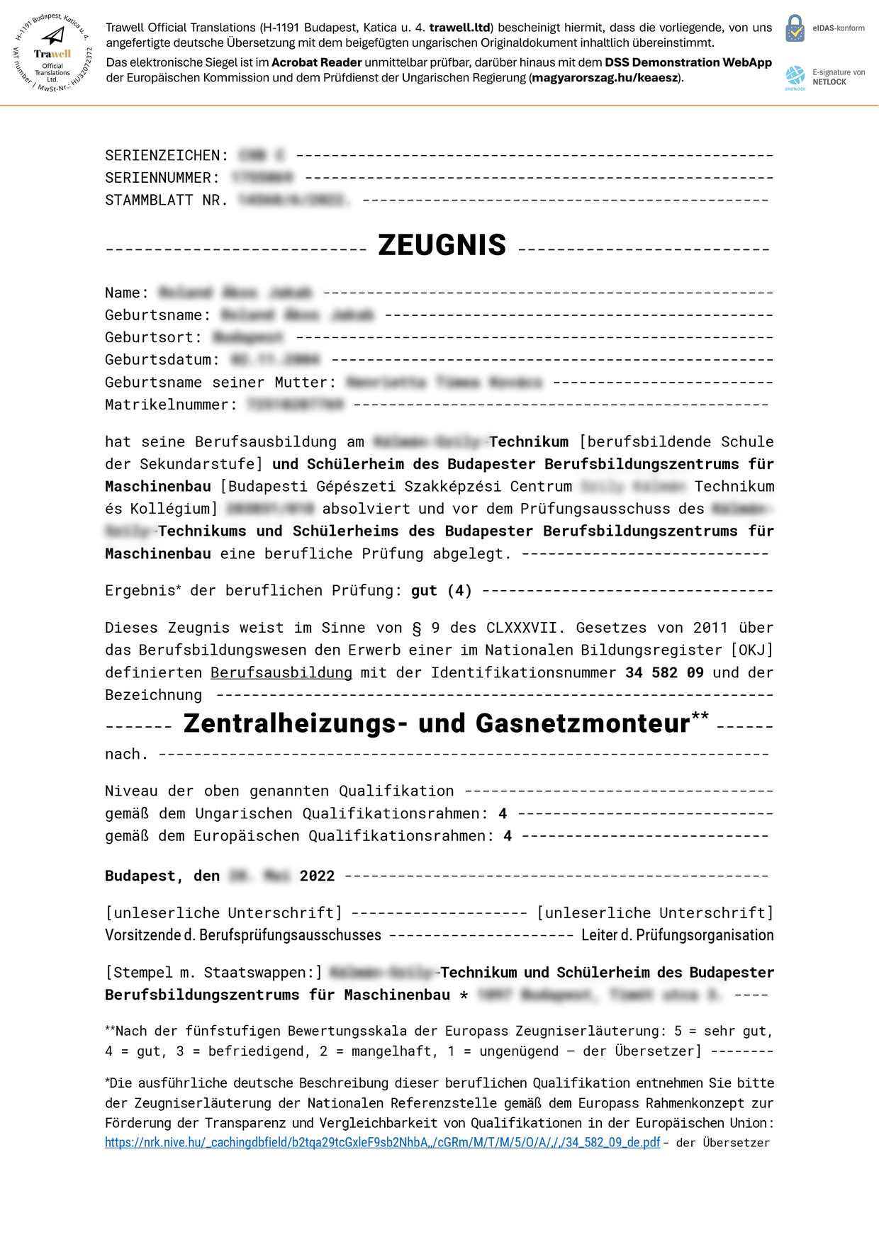 Az e-hiteles fordítás első oldala: a PDF fejlécében a fordítóirodai záradék, az eIDAS-megfelelőség jelzése és a NETLOCK elektronikus bélyegzője.